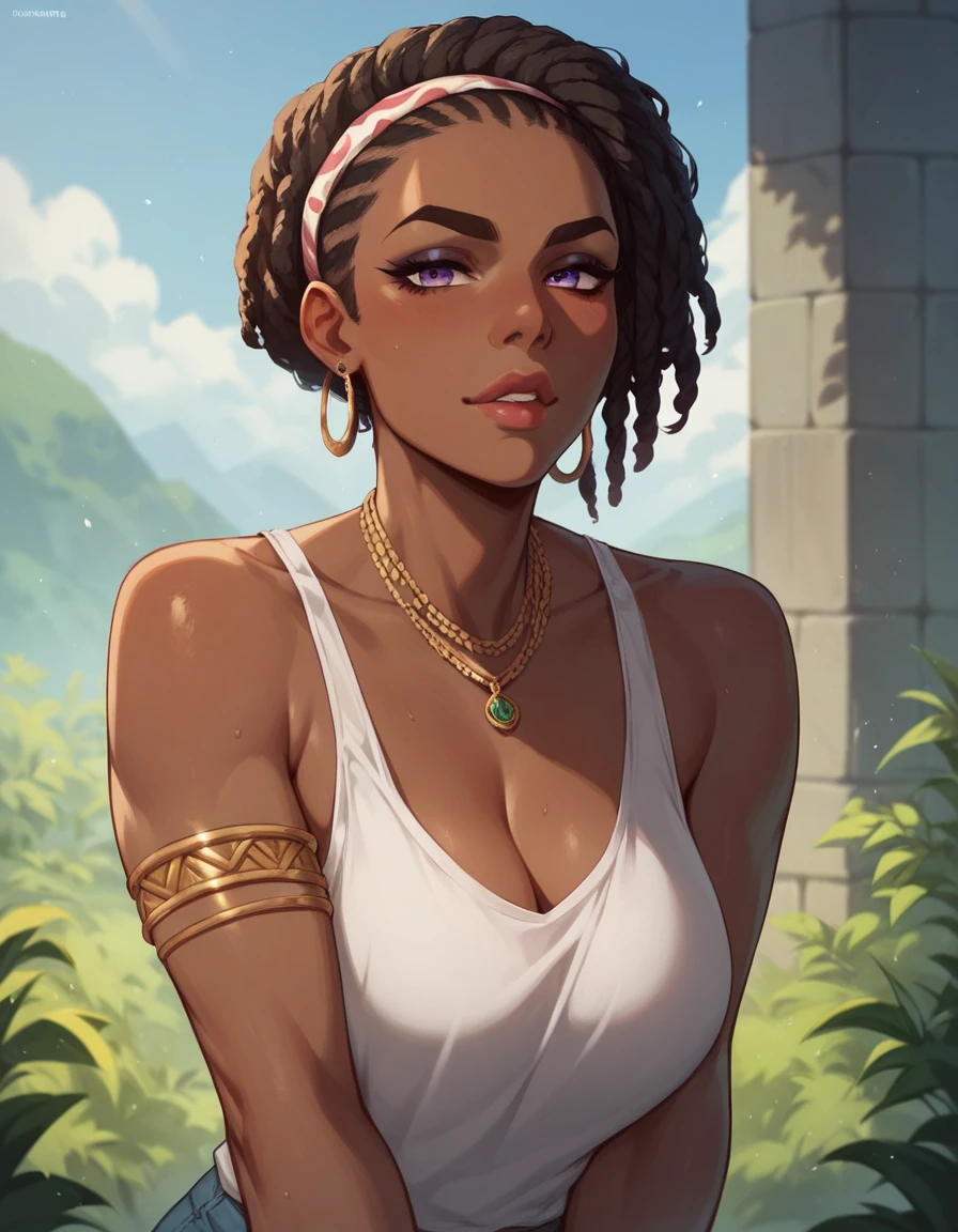 ((Benevolent ((dark-skinned Haitian)) goddess)) sitting in an (ornate skull-themed wooden throne) with her wearing cashmere knee high socks while reading an ancient tome, (hair tied up with Haitian flag design bandana), mystic tattoos on arms and legs, (wearing golden bracelets and anklets), plump thighs, high quality photo, sitting in the middle of the (dense ripe mango tree forest) during golden hour, visible stretch marks and cellulite