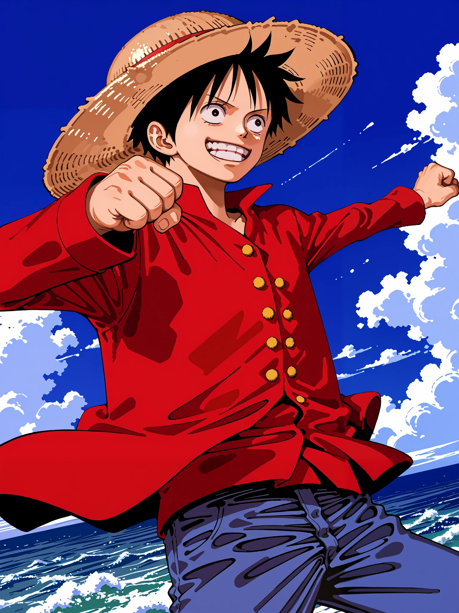 {{score_9, score 8_up, source_anime }} {{Artist: %moshimoshibe% m0sh1m0sh1b3,moshimoshibe,moshimoshibe art style}} absurd_res, monkey d. luffy, facing viewer, dynamic pose, dynamic angle, simple background, upper body, solo, soft shading, smiling, standing, film grain, dynamic pose, dynamic angle, foreshortening, cowboy shot, low angle, masterpiece, best quality, very aesthetic, absurdres, {{high contrast}} straw hat, ocean, clouds, punching, oda eiichirou (style), oda eiichirou, eiichiro oda