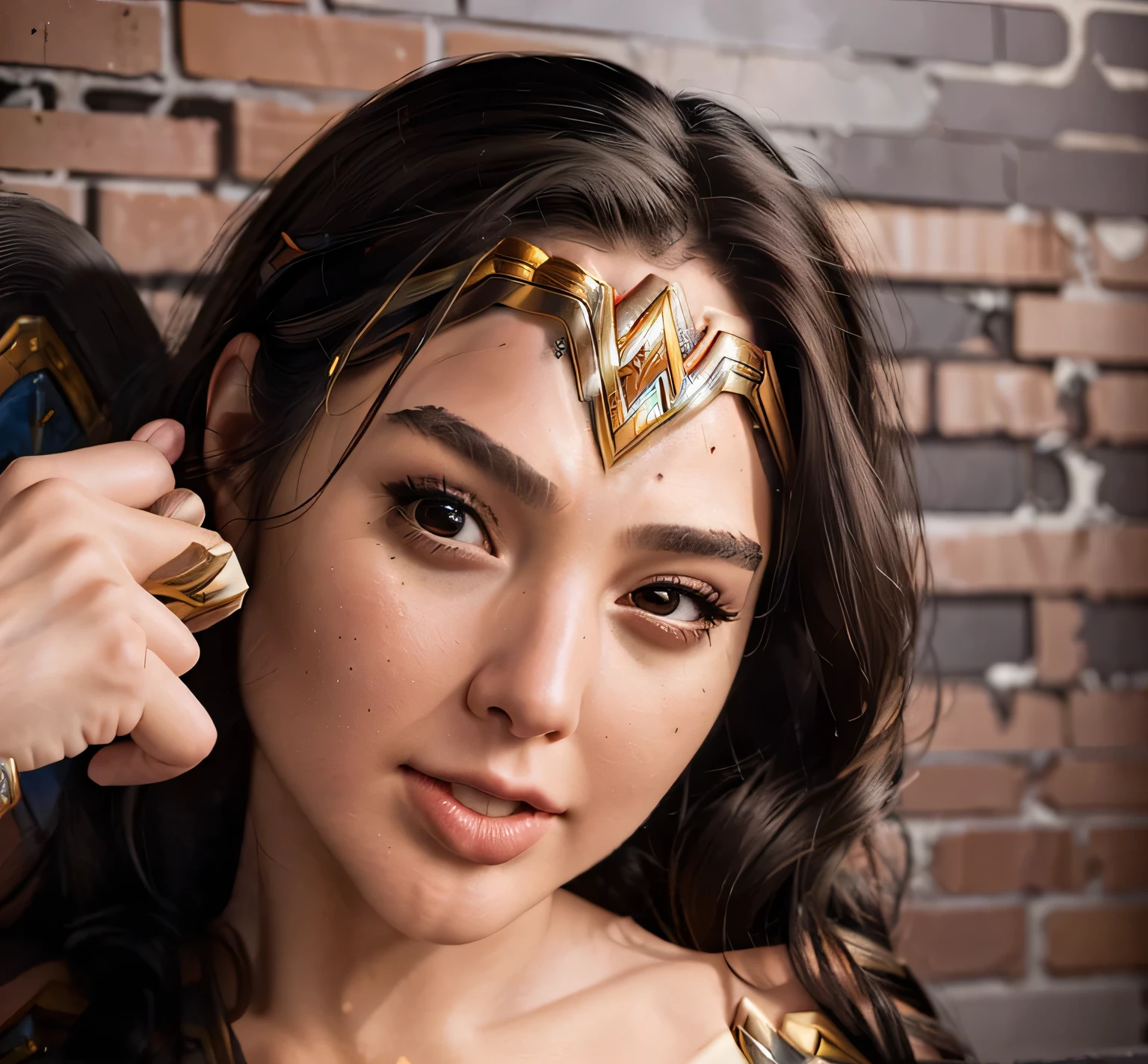 (masterpiece, best quality:1.2), 1girl woman in her 40 years, (realistic:1.5), wonder woman as gal gadot, black long hair, brick background, pleased expression, (detailed wonder woman tiara:1.5)
