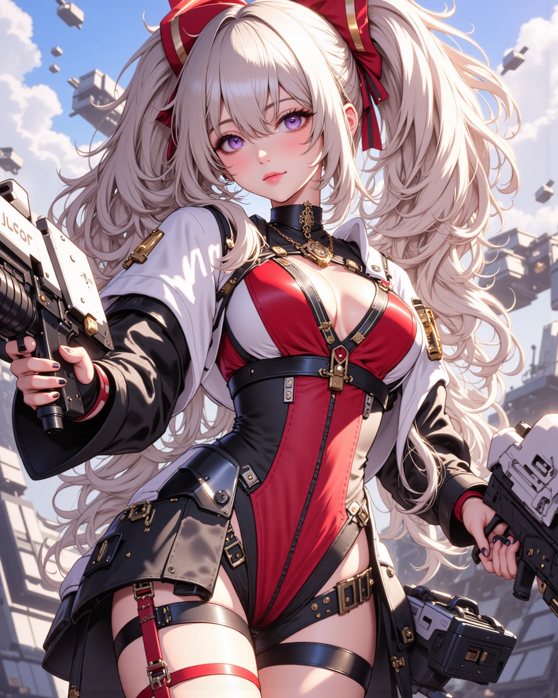 ((top quality)),(超A high resolution),(super detailed),(detailed description),((best anime)),(best work of art),super precision art,amazing art of depiction,Overwhelming descriptive power:1.5, top quality action movies:1.5, gun action:1.5, (Multiple adult women:1.5),body covered in mud and dust:1.6,income,1 girl、cleavage、smile、beautiful eyes