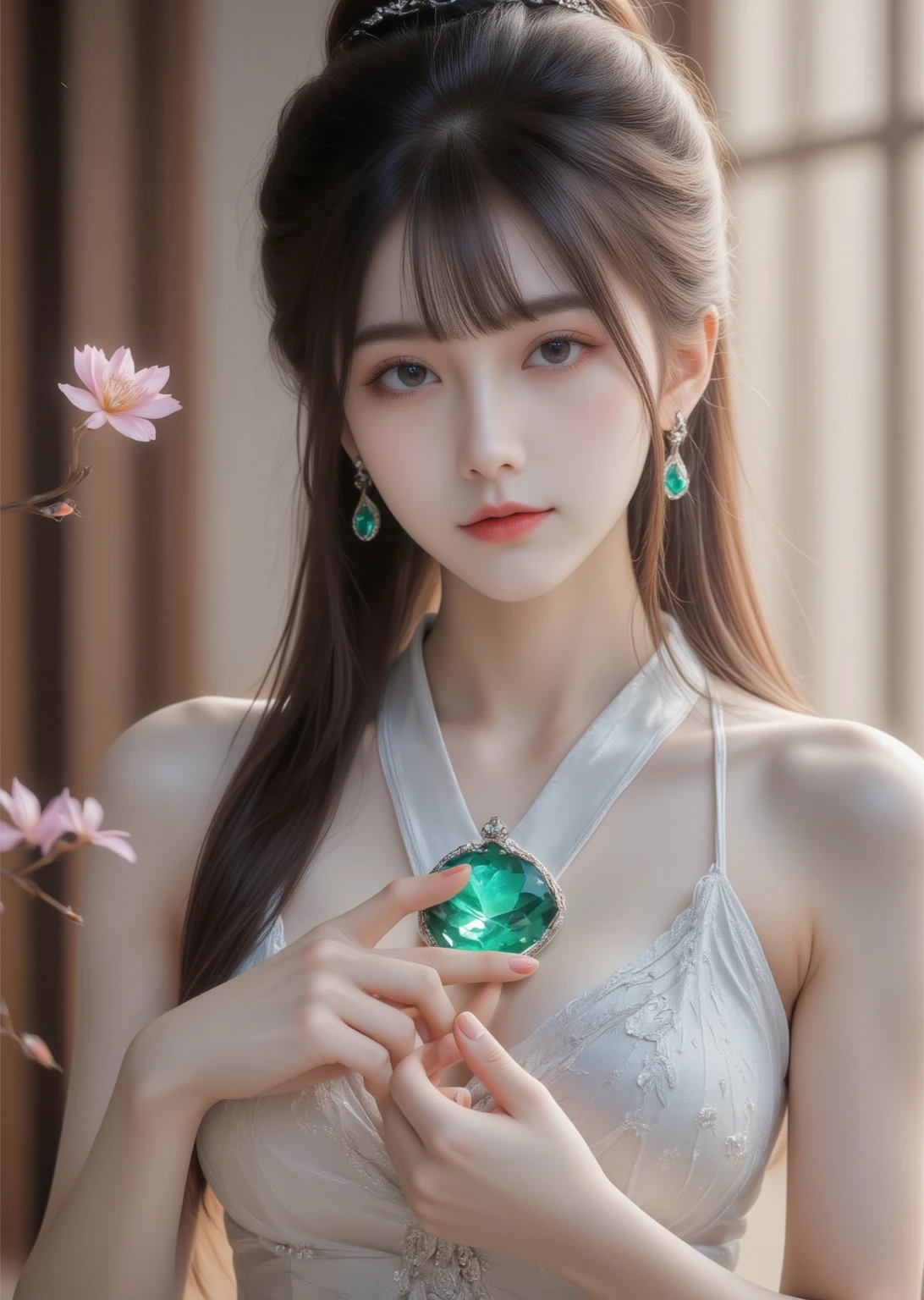 Innocent expression、Baby Face、Droopy eyes、Cute small breasts、Small, flat, plate-like breasts、Small breasts are attractive、Bewitching Beautiful Girl、Very sexy、Random sexy poses、Very sexyな肌が透けて見える布部分が最小限のセクシーな下着、(((A cute 16-year-old Japanese girl is alone in the center of the photo.)))、Adeline、Black Hair、Random Pause、(Very elaborate and beautiful work)、(masterpiece)、Very detailed、内容はVery detailedです、Shortcuts、Attractive look、Beautiful and clear eyes、Green Eyes、Exquisite necklace、Exquisite earrings、Simple blur background、Very detailedな説明、Super detailed、Delicate face、exquisite figure、Thin clavicle、Pretty lips、(8K、Original photo、highest quality、masterpiece:1.2)、(Real、Realショット:1.37)、1 Japanese girl、Cute small breasts、Professional Lighting、Photon Mapping、Physically Based Rendering、Above the waist、