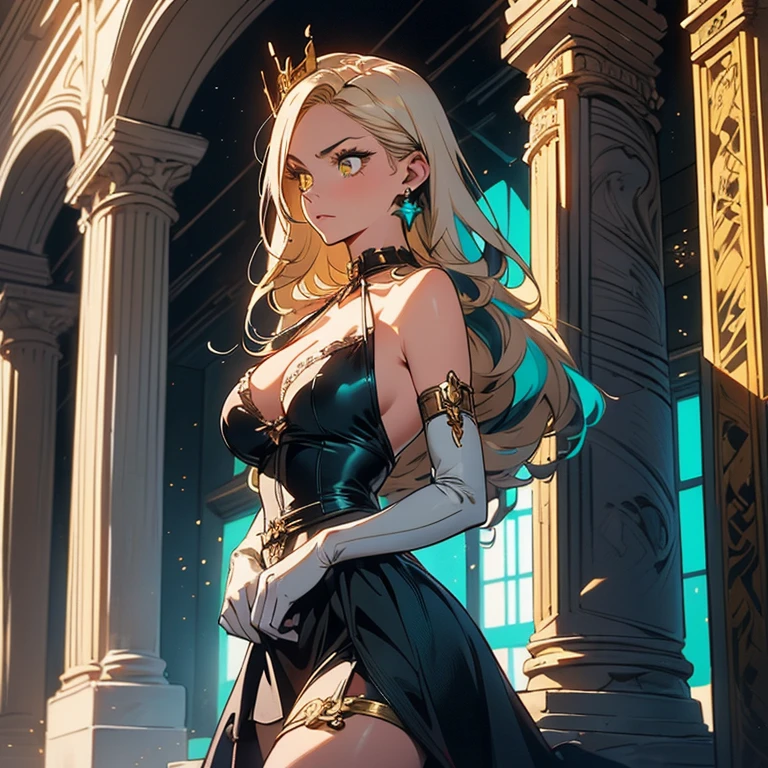 (((Queen Marika from Elden Ring))), mature woman, perfect anatomic draw, perfect eyes, long golden hair, beautiful eyes, straight bangs down, golden eyes, beautiful woman, tall woman, sexy smile, in the palace, sexy pose, sexy woman, black sexy dress, 8k, high quality, full HD.