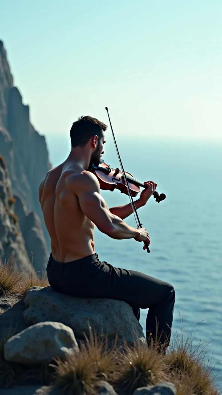 Ultra detailed illustration, ((oil painting a young man in Roberto Ferri style, fullcolor, Latino, slim toned fitness body, defined muscles, perfect anatomy, short black wavy hair, Roman nose, thin lips, square chin, diamond shaped face, barefoot, shirtless, wearing orange and green shorts, standing playing the violin) (black and white japanese traditional painting style background, you can see Senso-ji temple in japan ), evokes masculine beauty and art.