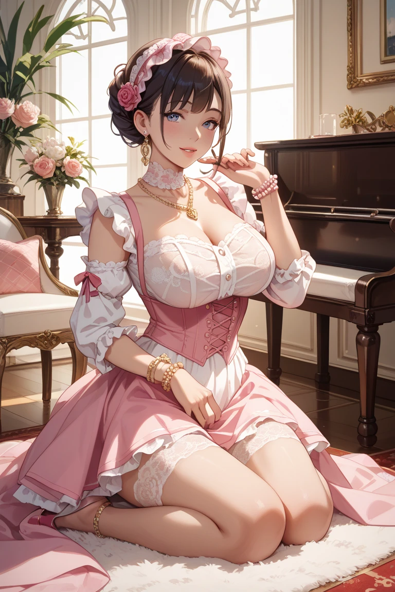 ((shiny eye, muscular, fitness, medium breasts))) 1girl, milf, standing, sexy, standing)), (ShioriNishimura, dark skin, dark-skinned female, solo, mature female, milf, kawai, blush, pink lipstck, close moth, smile,
(brown hair, short hair, makeup, (brown eyes))), ((solo, (1woman, pink lipstick), Extremely detailed, ambient soft lighting, 4k, perfect eyes, a perfect face, perfect lighting, a 1girl)), austere, ((((Beautiful girl, demon girl, urban environment)), austere, ((anime, dress, flowered floor, garden, flowers, sitting on the floor, (princess dress, ruffled dress, puffy dress, Victorian dress), gold necklace, fine jewelry, vintage earrings, choker, sapphire bracelets, in dress corset, cute anime waifu in a nice dress, cushart krenz key art feminine, official artwork, wearing an flower suit, princess, alchemist girl, kawacy))