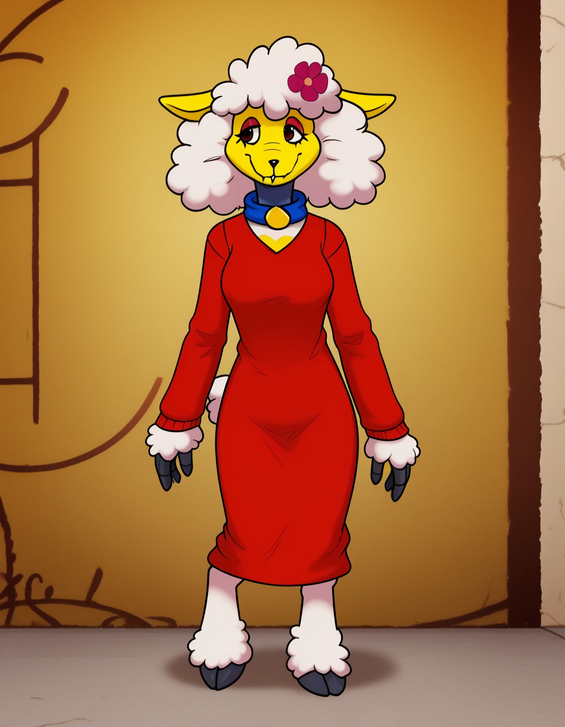 female, solo, (full body), furry, sheep, (sweater), sha_(twf), smiling, beautiful, highly detailed, high resolution, good , detailed background, street background, detailed hair, masterpiece