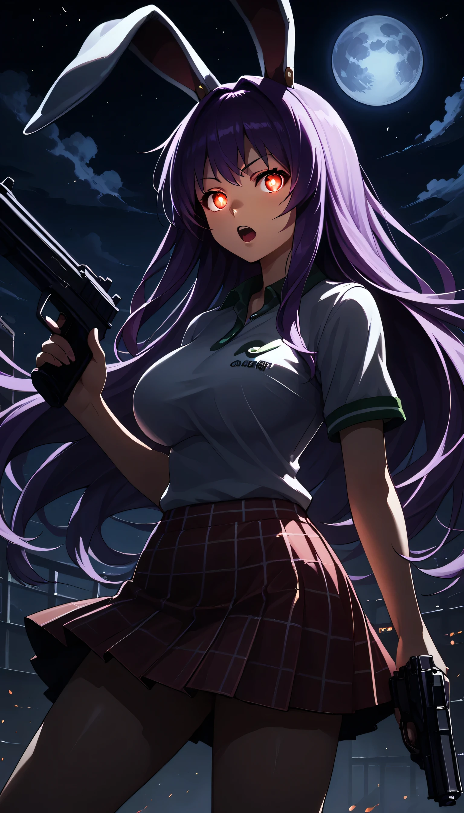 score_9, score_8_up, score_8, score_9, 1 girl, source_anime, reisen udongein inaba, purple hair, red eyes, rabbit ears, rabbit girl, long hair, moon, night, glowing eyes,, weapon,, gun_to_head, gun, , solo, holding_weapon, , holding_gun, holding, , , handgun, open_mouth, Give your images flat even illumination (negative) or dramatic chiaroscuro lighting (positive).large breast,conalep, polo shirt, short sleeves, plaid skirt, pleated skirt