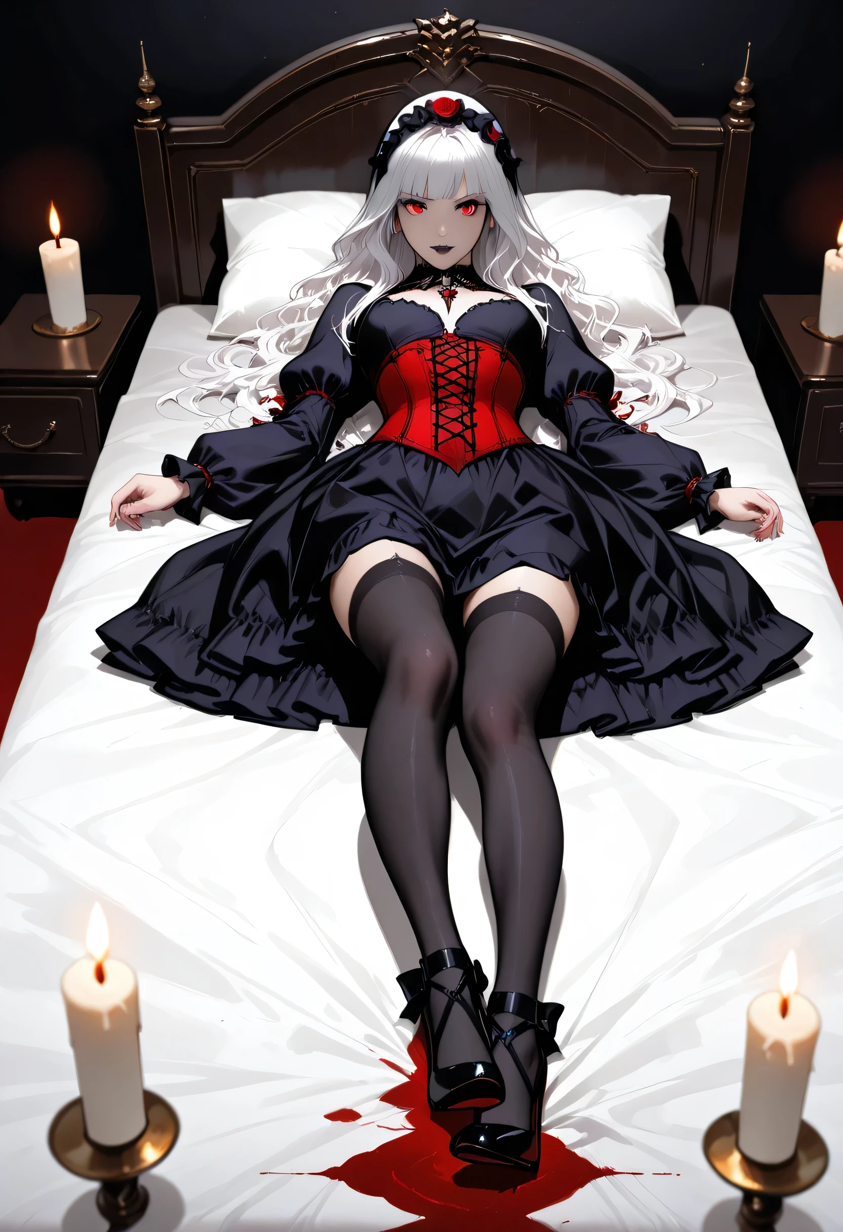  A model shot of an exquisite beautiful  goth 1solo female vampire, ultra feminine, full body, busty woman, most beautiful face, glowing red eyes, long hair, wavy hair, wearing red silk corset, black stockings, wearing intricate high heels, lying in bed, light make up, modern day goth bedroom background, lit by candles, there stains of blood on the bed, RAW, award winning, of black and white filter, 1960s photoshoot style, picture taken from dynamic range, ultra wide shot, photorealism, depth of field, hyper realistic, 2.5 rendering, Cinematic Shot, commix style, Vampire Dress