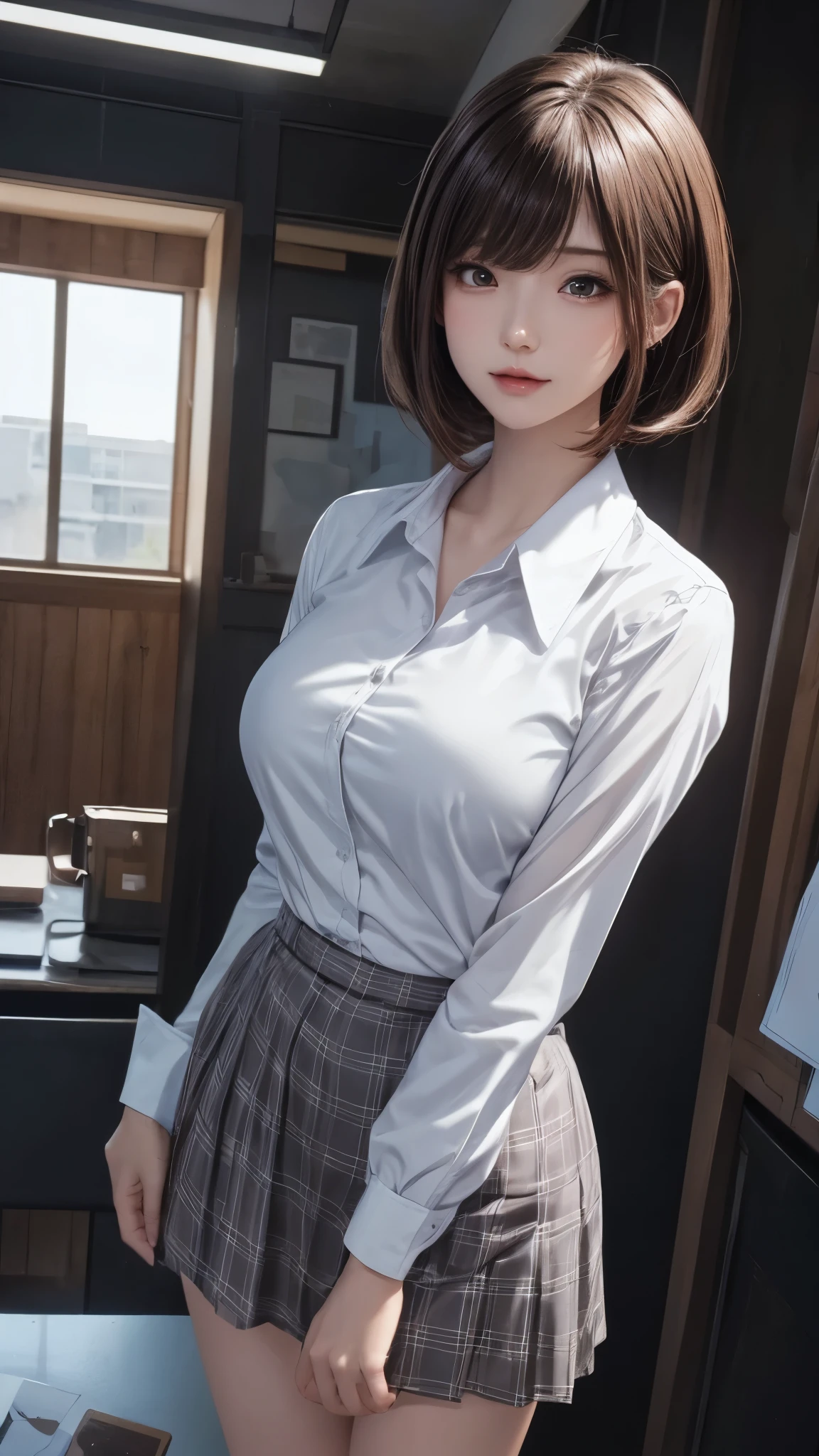 1 girl, Mid-shot angle , wallpaper, digital painting, cute anime , uses straight bob hair, large breasts, Glow skin, Natural Face Lighting , business suit in excretion style, dress shirt, skirt, (masterpiece, top quality, very aesthetic, Super Detail:1.2), complicated details, high definition, 8k, sunlight