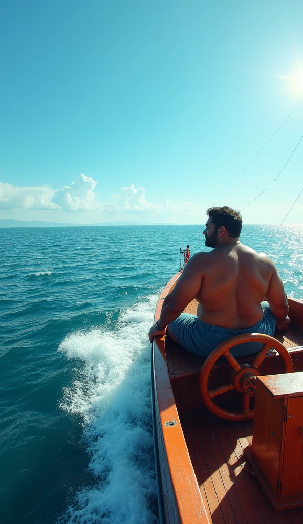 A ultra realistic photo of an insanely handsome hunky 30 years old, extremely sexy and attractive hunk fisherman by the ocean, full body, very hairy body, big beefy man, ripped checkered, exposed hairy body, big bulge, tanned, raunchy, toned body, beach, running, dynamic action shot, summer, sunny, soft lighting, muscular, extremely seductive, kind smirk, dimple, fishing tools, boats, in the style of Mario Testino, central composition, big nose, big hands, light brown hair, insanely handsome.