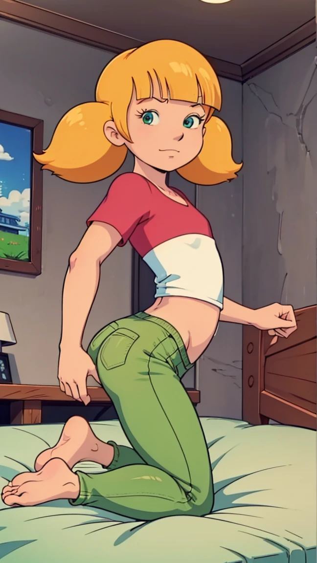 <lyco:feetaway1-000006:1.0>, on bed, indoors, feet, barefoot, ass, anime screencap, masterpiece, nice hands, nice feet, best quality, 1girl, penny, solo, blonde hair, twintails, blunt bangs, (smile:0.6), flat chest, (red shirt, single white horizontal stripe across middle of shirt), pants, (green pants), (small light green square patches on knees, reinforced knee), on stomach, foot focus, five toes on each foot, looking at viewer, full body, bedsheet