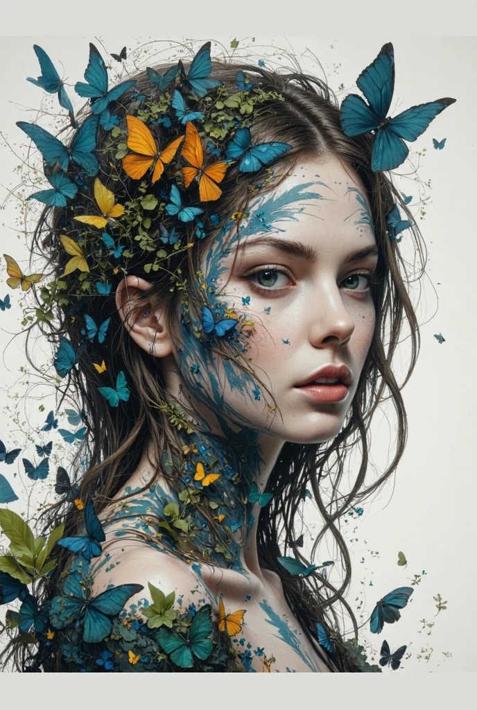 A young woman, likely Caucasian, is depicted in a portrait style. She is positioned slightly off-center to the left side of the frame, and her gaze is directed slightly towards the viewer. Her expression is serene and thoughtful. The woman has long, dark brown hair adorned with numerous butterflies of varying shades of blue and yellow, interspersed with small green leaves and foliage.  The butterflies are detailed and appear to be embedded in her hair, shoulders, and arms.  Her skin is pale and has painted-on elements of blue and other colors that seem to be mixed with the butterflies and greenery.  She appears to have a slender build. Her lips are a light pink, and her eyes are a striking blue.  The background is a pale, off-white color. The overall composition and perspective are close-up, focusing on the subject's face and upper body.  Colors used include various shades of blue, yellow, green, and light pinks, with subtle gray tones throughout.  The lighting is soft and diffused, emphasizing the details of the butterflies and the painted elements on her body. The style is hyperrealistic with a touch of surrealism and detail.  The work has a dreamlike and ethereal atmosphere.  The technique appears to involve digitally enhanced painting or mixed media. The image has a high level of detail and intricacy.