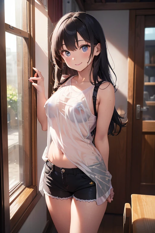 1 female,black hair,((12 years old)),(((blue shiny shorts)))((Sexy black bra))(((blush、open mouth smile)),(((Yuki Mikan))),(((portrait))),crowd,(((White see-through tank top)))(Baby girl body shape)(((small breasts)))sexy pose