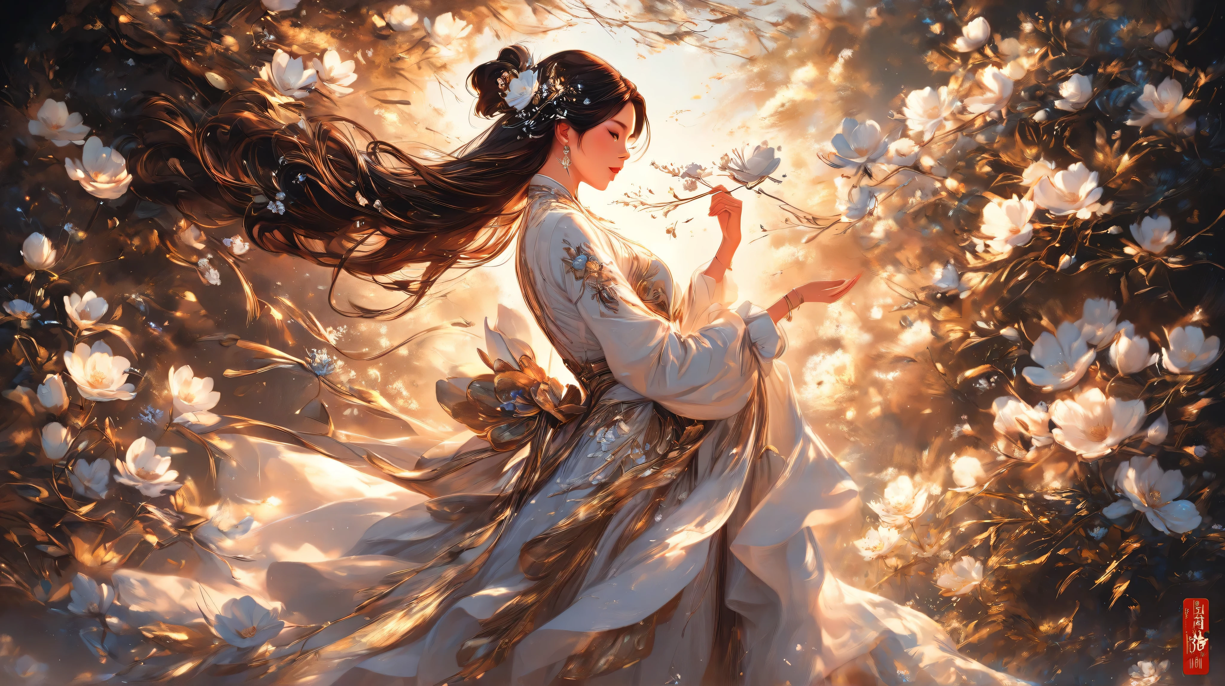 painting of a woman in a white dress and a tree, beautiful stunning digital art , karol bak uhd, Bela arte UHD 4K, beautiful digital artwork, beautiful digital art, stunning digital art , very beautiful digital art, exquisite digital illustration, a beautiful art illustration, detailed painting 4K, stunning digital art , beautiful fantasy art, beautiful digital illustration , The image depicts a serene and ethereal scene of the close up of a person in a pose lying on delicate branches of white flowers blooming in half-length detail, against a swirling background of deep blues and greens. The person's long dark hair is adorned with small flowers, creating a harmonious blend with the floral environment. They are wearing a flowing, luxurious dress in soft golden tones, embellished with floral designs that reflect the flowers around them. The soft lighting emits a warm glow, creating a dreamy and romantic atmosphere. The composition evokes a sense of tranquility and natural beauty.