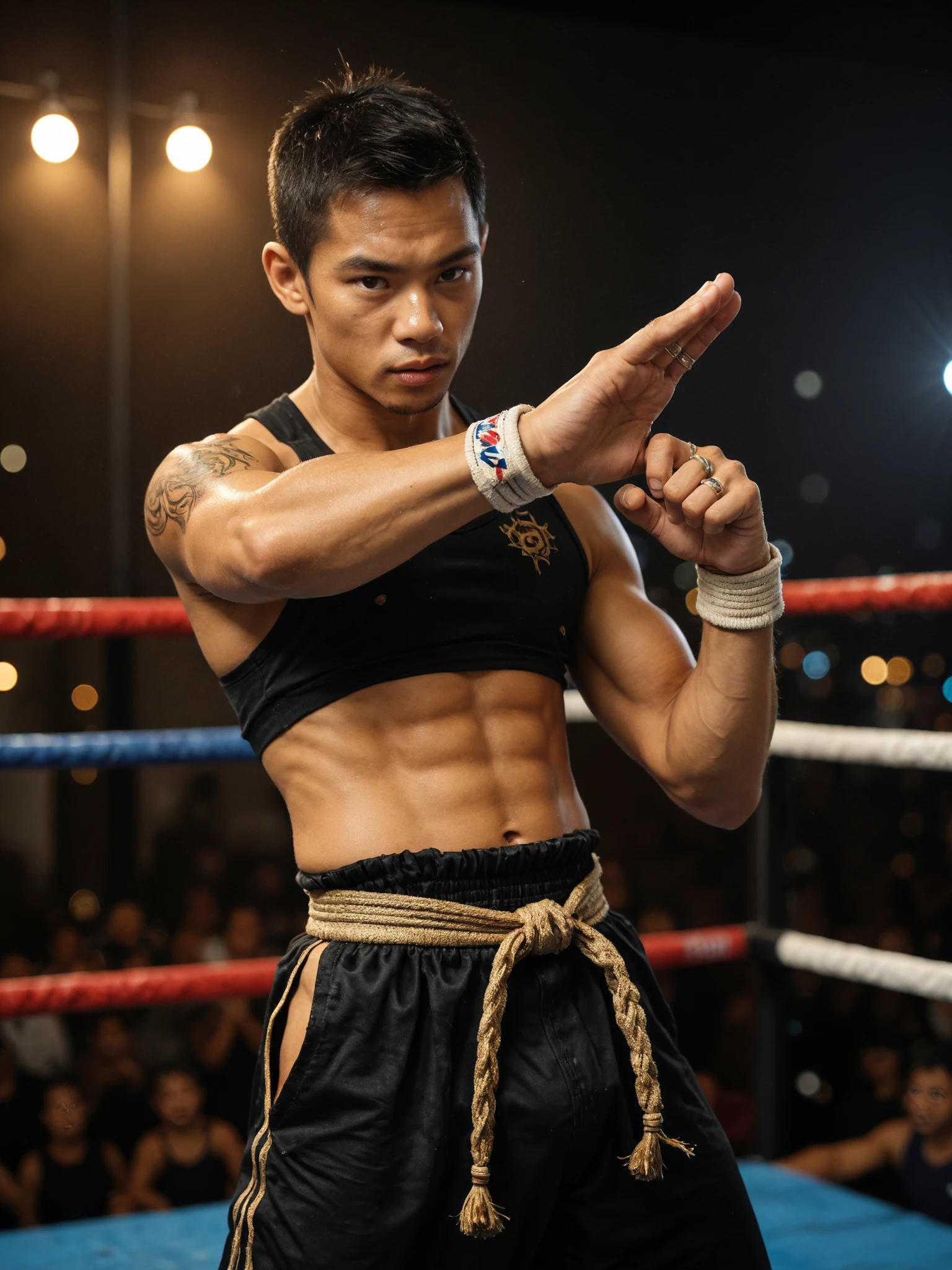 18 years old female boxer, topless, short hair, boxing shorts, boxing pose