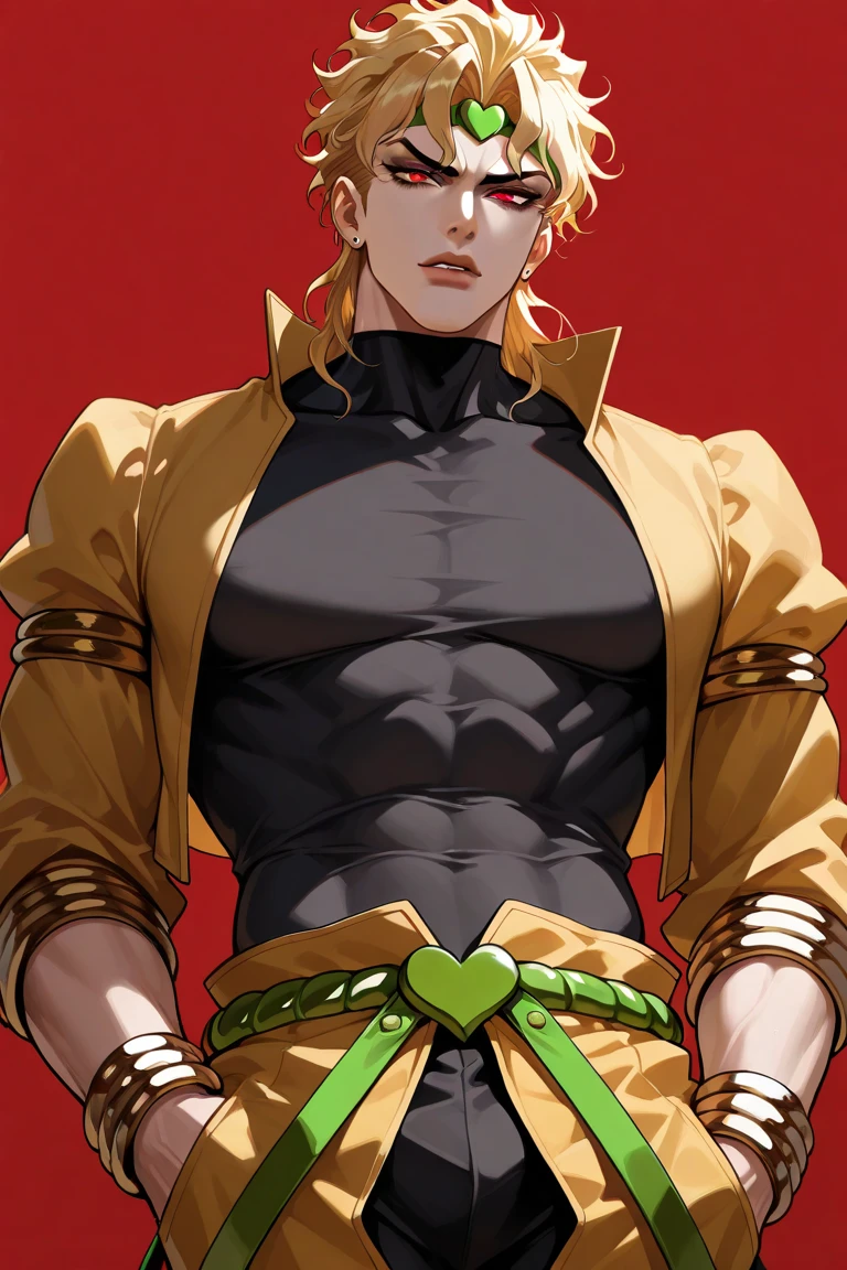 absurdres, highres, ultra detailed, HDR, master piece, best quality, Dio Brando, blonde hair, expressive green eyes, jojo bizarre adventure, solo, sexy man, handsome, golden jacket, black tight shirt, toned chest, pink flowers, pink petals, pink butterflies, blossoms, park, fountain