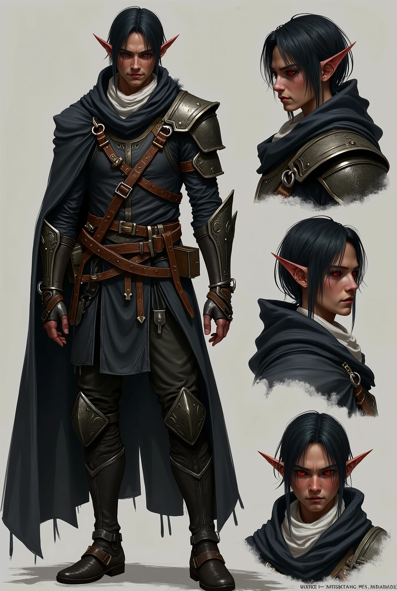 The character in the image is a gloomy and intimidating-looking warrior, with an aesthetic strongly inspired by medieval and dark fantasy fantasy. He has brown skin, bright red eyes and pointed ears, suggesting that he may be a black elf (drow) or a similar race. Her hair is short, black and slightly messy, with a rebellious and mysterious air. He wears dark-hued armor, composed of metal plates on a reinforced leather suit, that provides so much mobility as much as protection. over the shoulders, there is a black cloak with fuzzy skin on the collar, giving him an air of nobility and grandeur. He also wears a white scarf wrapped around his neck, creating a striking contrast with your dark clothing. The main figure shows the full-body character, in a firm and combat-ready posture. Details such as belts, holsters and leather straps indicate that he can carry additional weapons or tools. The complementary images feature close-ups of the face, highlighting your serious and determined expression, in addition to the intense sparkle of his eyes, that reinforce his imposing and almost supernatural presence. No geral, the character conveys an experienced warrior vibe, maybe a mercenary, bounty hunter or member of a dark order. His dress and bearing suggest someone skilled in combat, used to battles and dangerous missions.
