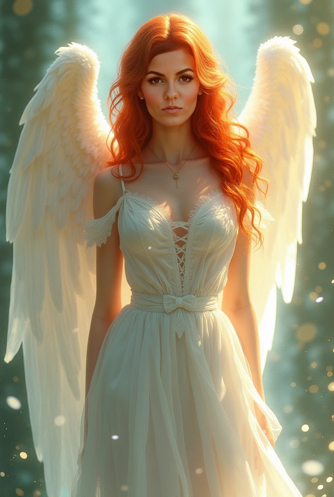 (Beautiful redhead woman, Beautiful angel, whole body:1.3),(White skin:1.8),(Beautiful small breasts:1.35),(heavenの輪, Slightly large angel wings:1.4),(Look at this),(A Kind Smile, blush, Long face:1.45)、(White see-through dress, See-through pubic hair:1.8),Random Accessories、(Asymmetrical layered cut hairstyle:1.15)、blue sky, Floating in the air, heaven