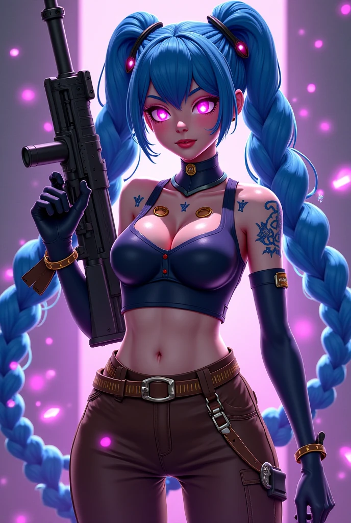 Jhinx, arcane, Jhinx character from League of Legends, long neon blue hair in braids, Perfect big breasts, scantily clad, underwear, Sex Woman, perfect hands, double hair braids, Braided hair, Minipistola, Juxtaposition of light& shadow, moody, intense, feroz, cinematic lighting, rake light, Long luminous shadows, high quality, smiling while holding a shark-shaped rocket launcher, anime style face, perfect body, mini skirt, Steampunk clockpunk --ar 6:9 --s 1000 --c 12 --q 2 --v 5.2
