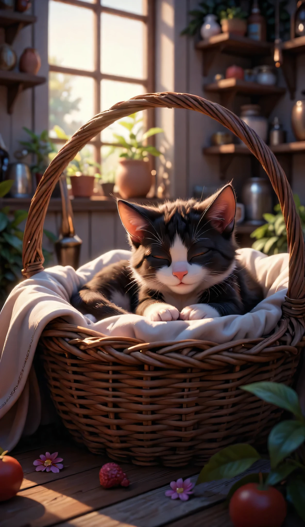 3D character, cute tuxedo kitten, sleeps in picnic basket at the kitchen, Inside the house, masterpiece, Background Blur, Shut your eyes.
