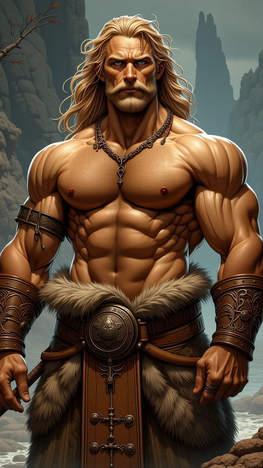 fotografia, fantasia medieval, selvagem, fotografia de corpo inteiro, Epic adventure, estrada, trilha, Fotorealista, (extremamente detalhado CG unidade 8k wallpaper), um homem jovem, (it looks like this:: parece Arnold Schwarzenegger, tem cabelo ruivo longo, alto, testa baixa e fronte larga, olhos azuis taciturnos, sobrancelhas densas detalhadas, manly face, triangular, atraente;, Nariz aquilino, Queijo suavemente alongado, queixo largo, menacing thin lips, very serious, fisionomia pensativa, very muscular and advanced physique, sem camisa, solid rib cage, leather trousers) The barbarian wanders wandering through a wilderness. (obra-prima; 1:1), Alto contraste, Ultra realista, coragem 10%, atrevimento 3%, Especialista 2%, atento 30%, sobrevivente 45%, rude 10%, HD 8K