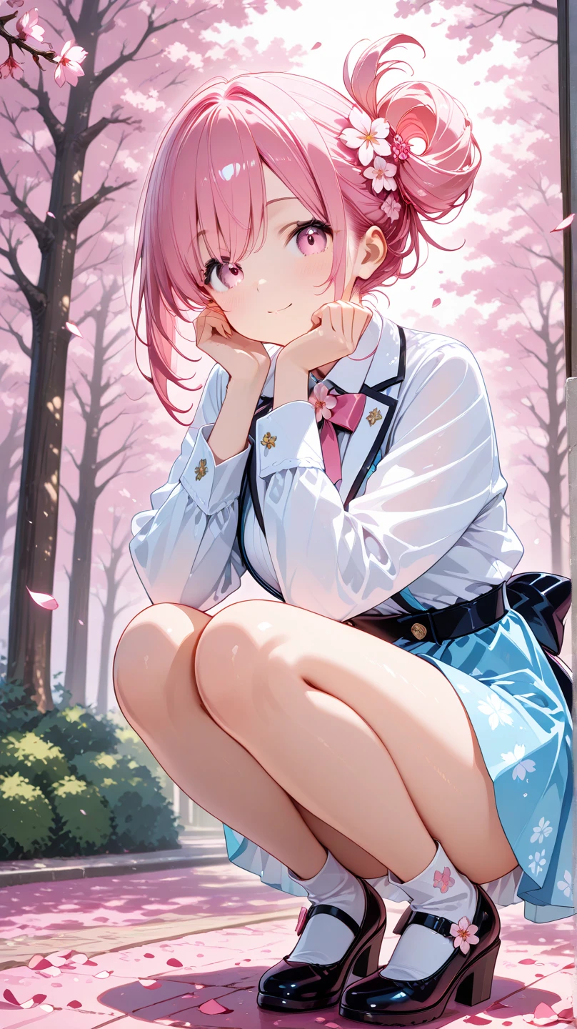  1 Girl,  Pink Hair, Purple Eyes, short hair, Hair accessories, Sweater vest, Uniforms, big eyes, Plaid skirt, Black over-the-knee stockings, Make a victory gesture, Cherry blossoms