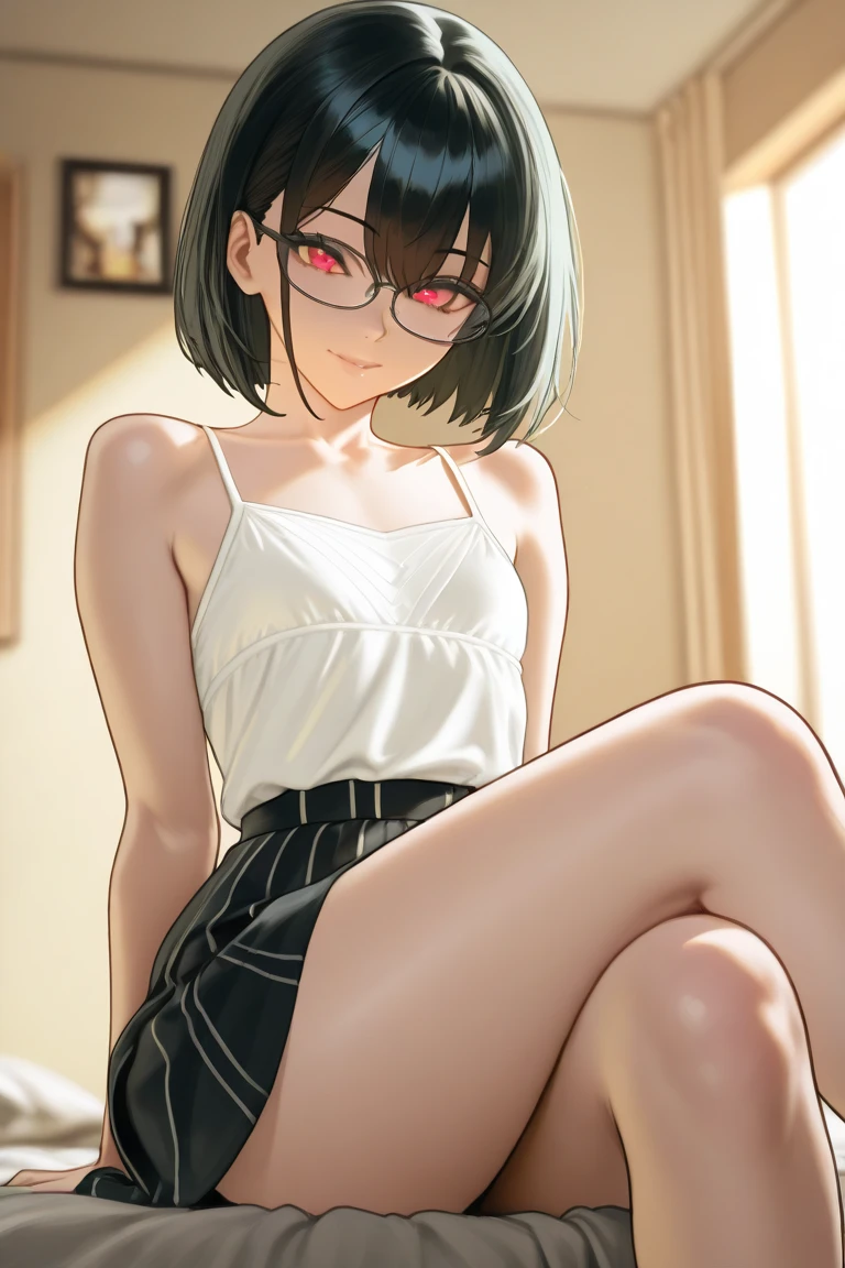 (masterpiece), (8k, best quality, high resolution), (ultra-detailed, realistic), (anatomically correct),
((from head to thighs)), (Standing), (No background),
(1woman), (looking at viewer), (pull the dress up to the navel),
(A Japanese woman, 30 years old and 155cm tall),
(black hair), (straight hair), (short hair style), ((bob cut)), (hair behind ears),
(wear glasses), ((black cell frame glasses)),
((Wear a navy blue spaghetti strap dress)), ((Mini length dress with a simple design and minimal decoration)),
(wear panties), ((white panties)),
(Create a detailed image of the eye),
(Her impression is pure, clean and kind.),
((A captivating smile, just showing a few teeth.)),