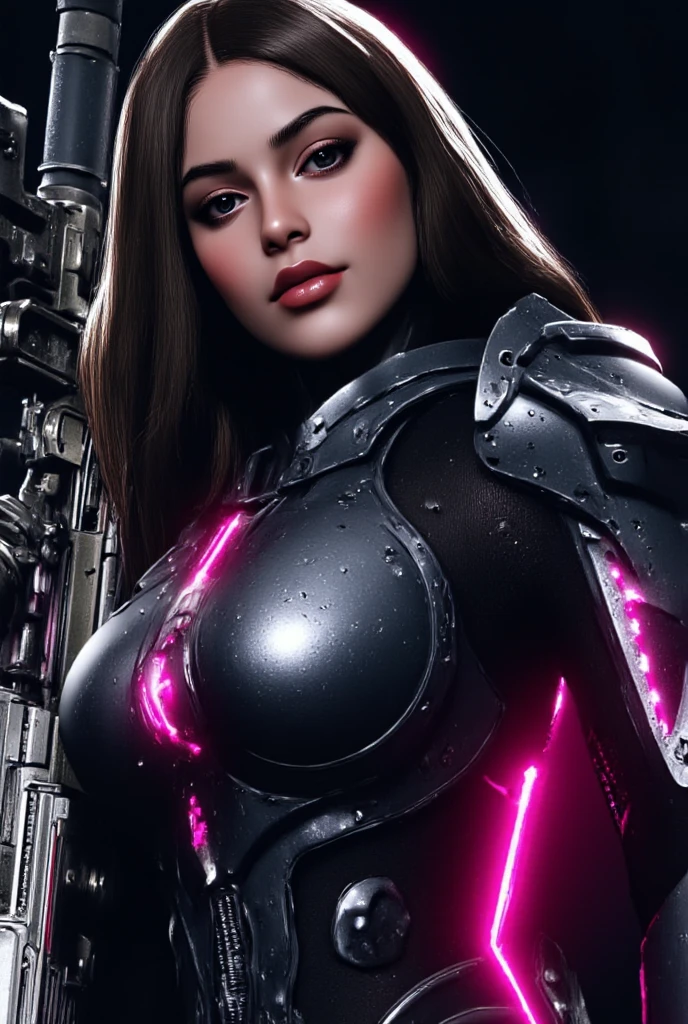 TRON costume sexy clothes transparent. professionally retouched, soft lighting, realistic, smooth face, perfect eyes, sharp focus on eyes, 8 k, high definition, insanely detailed, intricate, elegant. in a natural background.female_service_cap
brown_eyes
pink_facial_mark
white_gloves