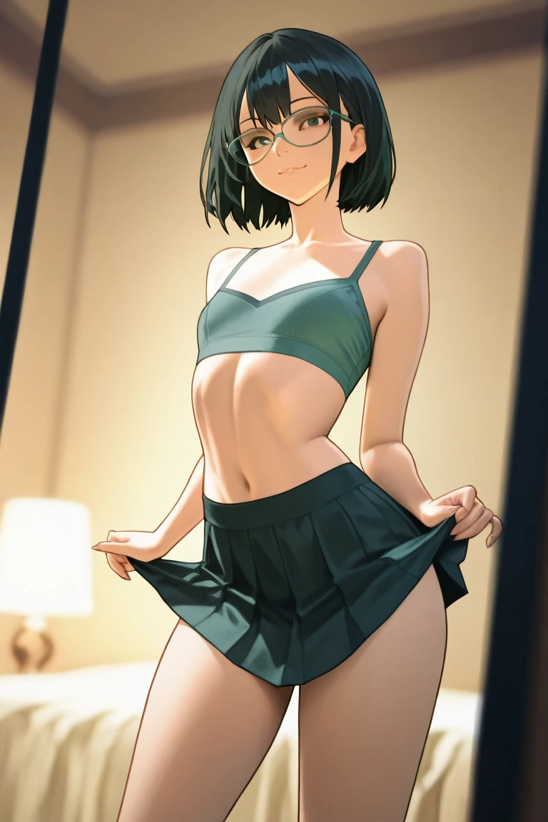 (masterpiece), (8k, best quality, high resolution), (ultra-detailed, realistic), (anatomically correct),  
((from head to thighs)), (Standing), (No background),
(1woman),  (looking at viewer), ((lift the dress up to the navel)),  
(A Japanese woman, 30 years old and 155cm tall), 
(black hair), (straight hair), (short hair style), ((bob cut)), (hair behind ears), 
(wear glasses), ((black cell frame glasses)), 
((Wear a navy blue spaghetti strap dress)), ((Mini length dress with a simple design and minimal decoration)), 
(wear panties), ((white panties)), 
(Create a detailed image of the eye), 
(Her impression is pure, clean and kind.), 
((A captivating smile, just showing a few teeth.)), 　 
