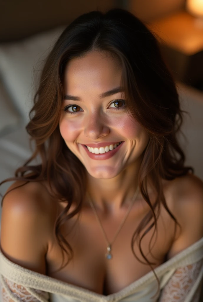 Masterpiece, Ultra High Definition, Micro detailed, fine photo, professional shot, artistic pose, a young 1 girl, with long brown straight hair, bangs, pleasured in bed making after sex face in a very content and in love expression, angelic innocent face, a very beautiful expressive eyes looking to the viewer, and arroused after sweating, pleasuring herself, cinematic, dramatic and artistic, curvy body a young filipina girl naked with pale skin rosy chicks and rosy lips squating in the bed room