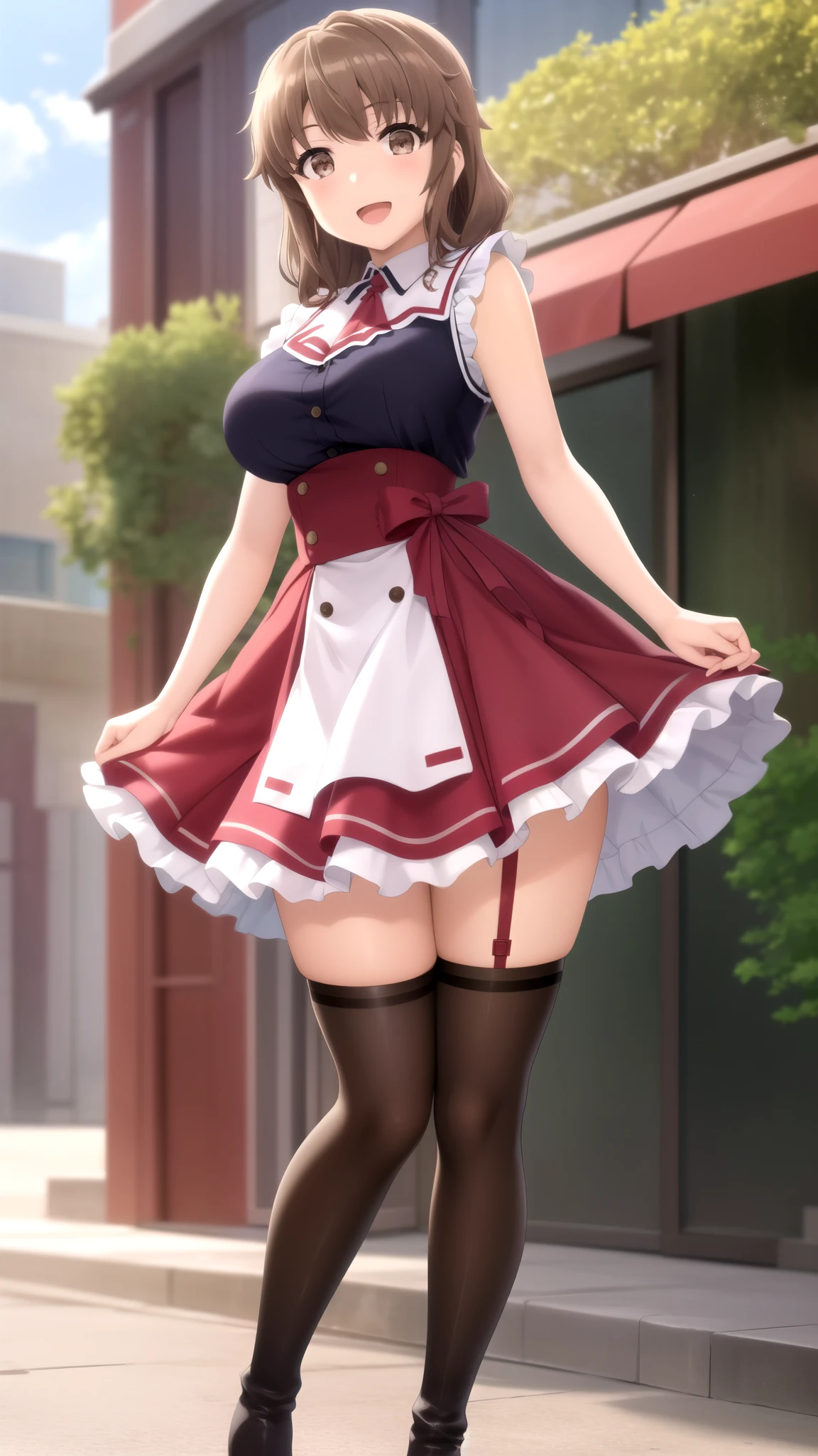 (High resolution,realist:1.2),beautiful,beautiful mother , in a kitchen, mother with apron, mother with red and sexy underwear, lifts her skirt to show her underwear, happy look, by white, short hair, small breasts.