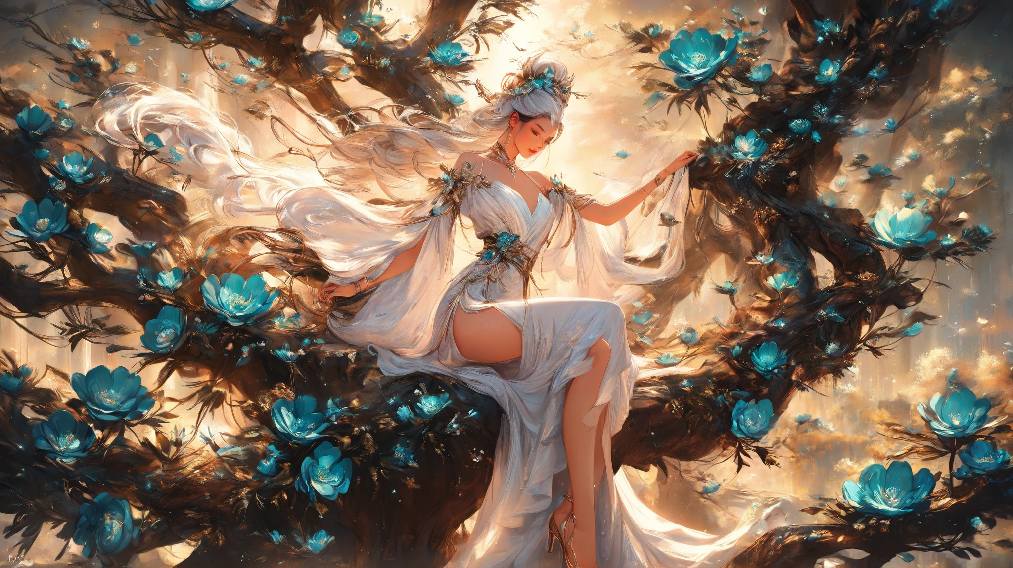 painting of a woman in a white dress and a tree, beautiful stunning digital art , karol bak uhd, Bela arte UHD 4K, beautiful digital artwork, beautiful digital art, stunning digital art , very beautiful digital art, exquisite digital illustration, a beautiful art illustration, detailed painting 4K, stunning digital art , beautiful fantasy art, beautiful digital illustration , The image depicts a serene and ethereal scene of the close up of a person in a pose lying on delicate branches of coral flowers blooming in half-length detail, against a swirling background of turquoise and greens. The person's long white hair is adorned with small coral and turquoise flowers, creating a harmonious blend with the floral environment. They are wearing a flowing, luxurious dress in soft golden tones, embellished with floral designs that reflect the flowers around them. The soft lighting emits a warm glow, creating a dreamy and romantic atmosphere. The composition evokes a sense of tranquility and natural beauty.