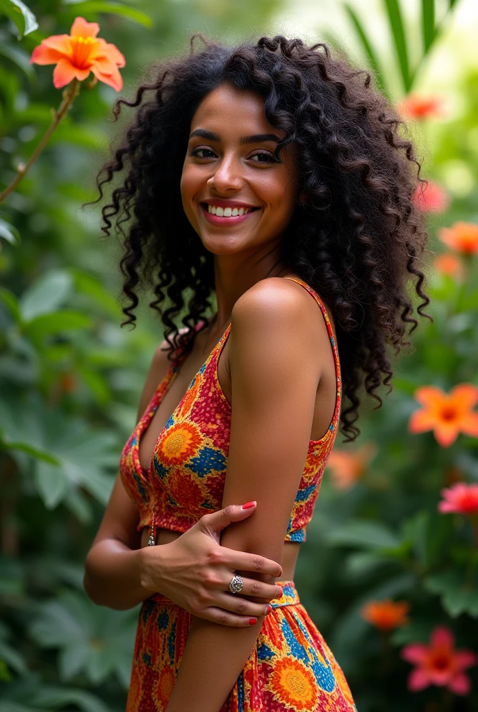 A Brazilian woman, wearing no shirt, busty

