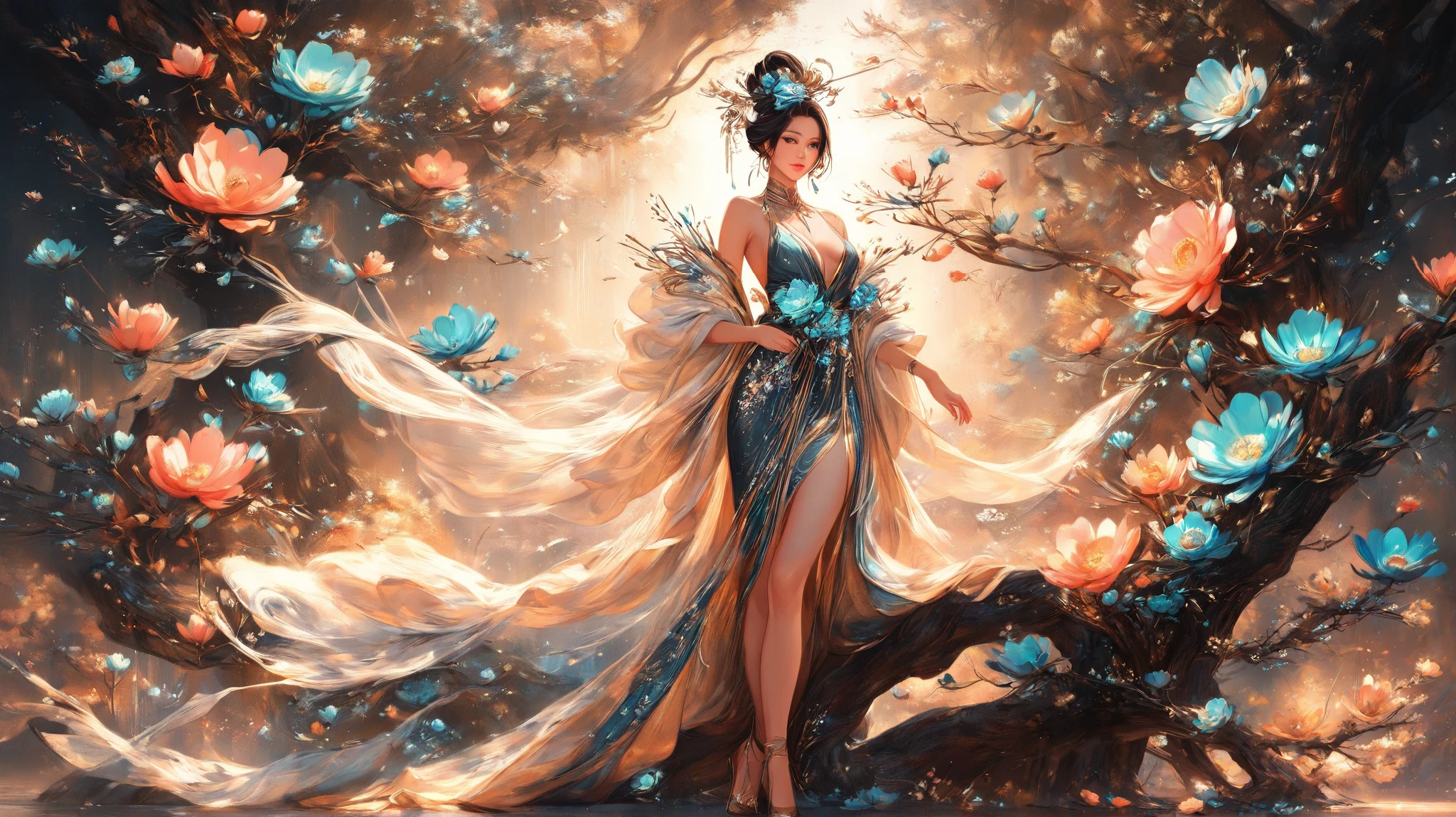 painting of a woman in a coral dress and a tree, beautiful stunning digital art , karol bak uhd, Bela arte UHD 4K, beautiful digital artwork, beautiful digital art, stunning digital art , very beautiful digital art, exquisite digital illustration, a beautiful art illustration, detailed painting 4K, stunning digital art , beautiful fantasy art, beautiful digital illustration , The image depicts a serene and ethereal scene of the close up of a person in a pose lying on delicate branches of coral flowers blooming in half-length detail, against a swirling background of turquoise and greens. The person's long white hair is adorned with small coral and turquoise flowers, creating a harmonious blend with the floral environment. They are wearing a flowing, luxurious dress in soft golden tones, embellished with floral designs that reflect the flowers around them. The soft lighting emits a warm glow, creating a dreamy and romantic atmosphere. The composition evokes a sense of tranquility and natural beauty.