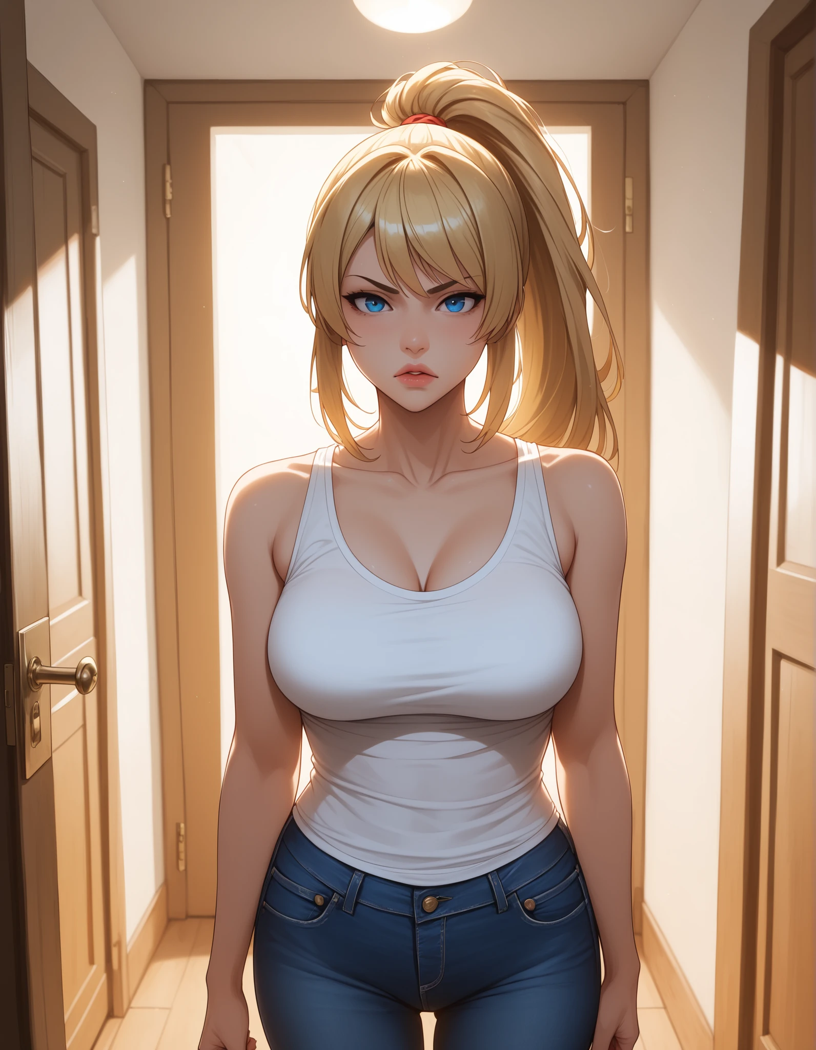 Watercolor, score_9, score_8_up, score_7_up, (Volumetric_lighting: 1.7), (masterpiece), (lora: detailed anime girlsXL), (lora: NoobAI-XL Detailer), (lora: smooth lighting enhancer) (lora: Detailed Background), (lora: NKxXmo's Shaded Face), (lora: SDXL high detailed. LoRA_SDXL_ARW_0010: 0.75), (lora: Waifu Eyes), 1woman, lips, solo, blonde_hair, long_hair_in_ponytail, side_bangs, fringe_hair, blue_eyes, tank_top, jeans, barefoot, standing_in_doorway, serious_expression, emotional_tension, natural_lighting, soft_shadow, wooden_doorframe, afternoon_glow, subtle_breeze, realistic_anime, cinematic_lighting, interior_to_exterior_view, high_detail, 8k, dramatic_scene, introspective_mood, detail_focused, open_door_light_beam, foreshadowing, blurry_background, cinematic_lighting, darkbackground, 8k, realistic, high_quality, detail_focused, foreshortening, blurry_background, (Diminishing scale perspective:1.3), ((forced_perspective))