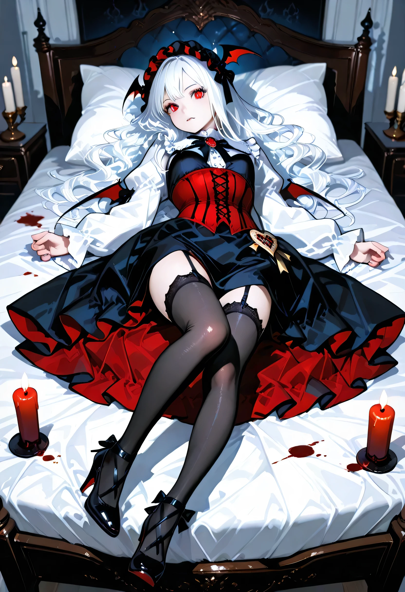 A model shot of an exquisite beautiful goth 1solo female vampire, ultra feminine, full body, busty woman, most beautiful face, glowing red eyes, long hair, wavy hair, wearing red silk corset, black stockings, wearing intricate high heels, lying in bed, light make up, goth bedroom background, lit by candles, there are stains of blood on the bed, RAW, award winning, of black and white filter, picture taken from dynamic range, ultra wide shot, photorealism, depth of field, hyper realistic, 2.5 rendering, Cinematic Shot, commix style, Vampire Dress, PASTELGOTH