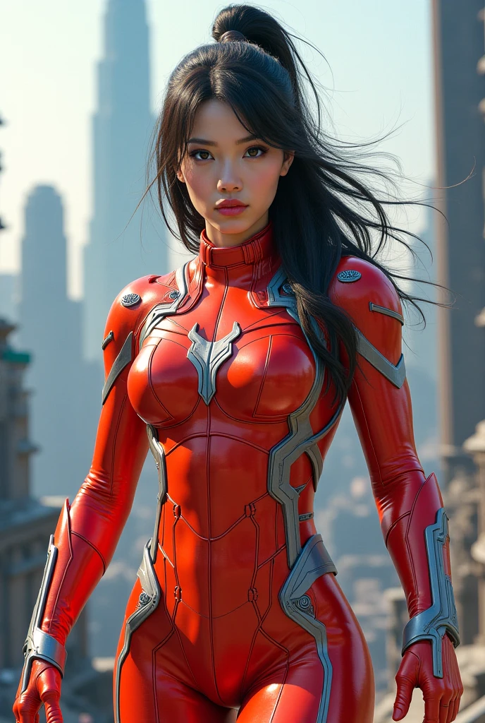 Ultrawoman, Japanese, female, 25 years old, red and silver, face reveal, black hair