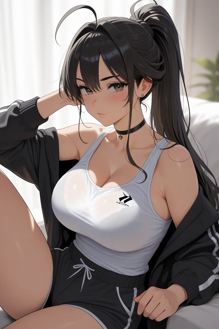最high quality、best image quality、masterpiece、teenage girl((18-year-old、 By becoming、vest bust、medium bust,wide open breast tea、black eye, black hair、long hair、thin,highest valley、cute makeup、black sports bra、White sports pants、White Necklace、Blackface Paint、tired face、Sweat、sleep、Nebuta)),high quality、beautiful art、background((Cafe)),debris flies、Depth of written boundary、movie、visual art、perfect art、8K,genuine