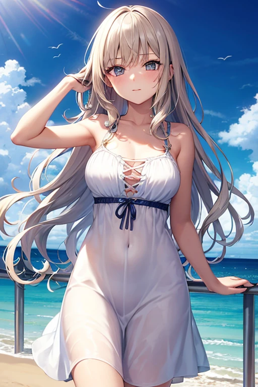 plein air、Swaying bangs、ultimate beauty girl、Care for bangs、hair care、Very beautiful 18 year old cute girl、a miniskirt、shiny white young beautiful skin、Sexy and very beautiful good looks、Very cute face with ultimate beauty、Super Long Bright Natural Platinum Blonde Hair、Smooth straight hair、Big blue eyes with radiant transparency、swim wears、swimming pools,