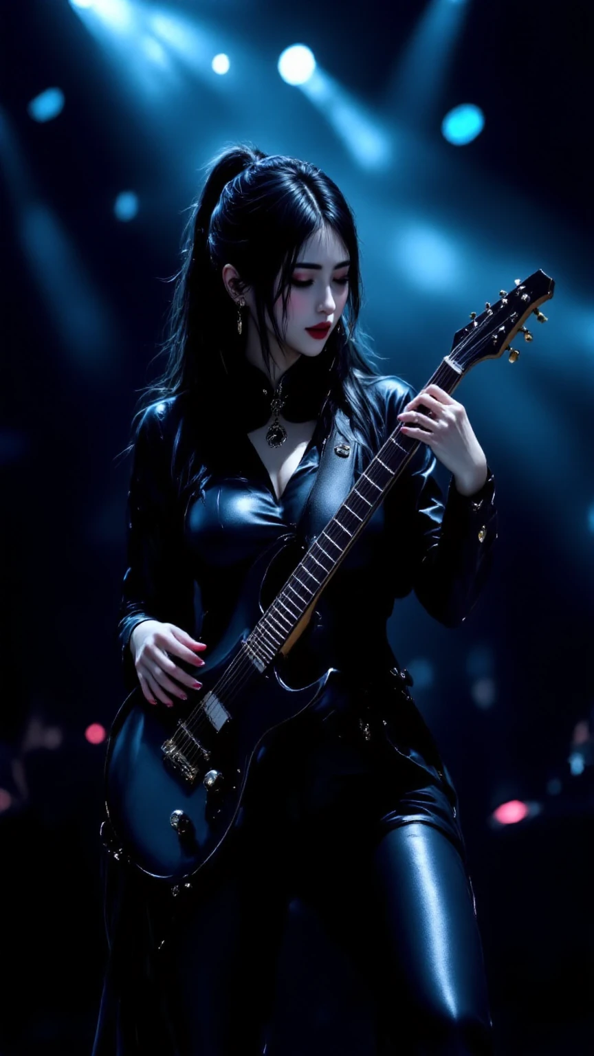 bat, black fur, red eyes, female, long black hair, black dress, guittar, singer