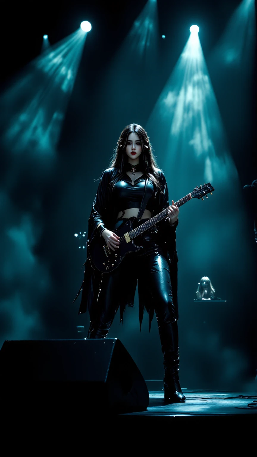 A woman with a perfect figure,big ,Wearing leather clothes,playing an electric guitar on stage at a concert,4K,HDR,UHD,detailed description,Realistic,high resolution,Professional Level,vibrant colors,Deep bokeh,fantasy,post-production,bright stage lighting