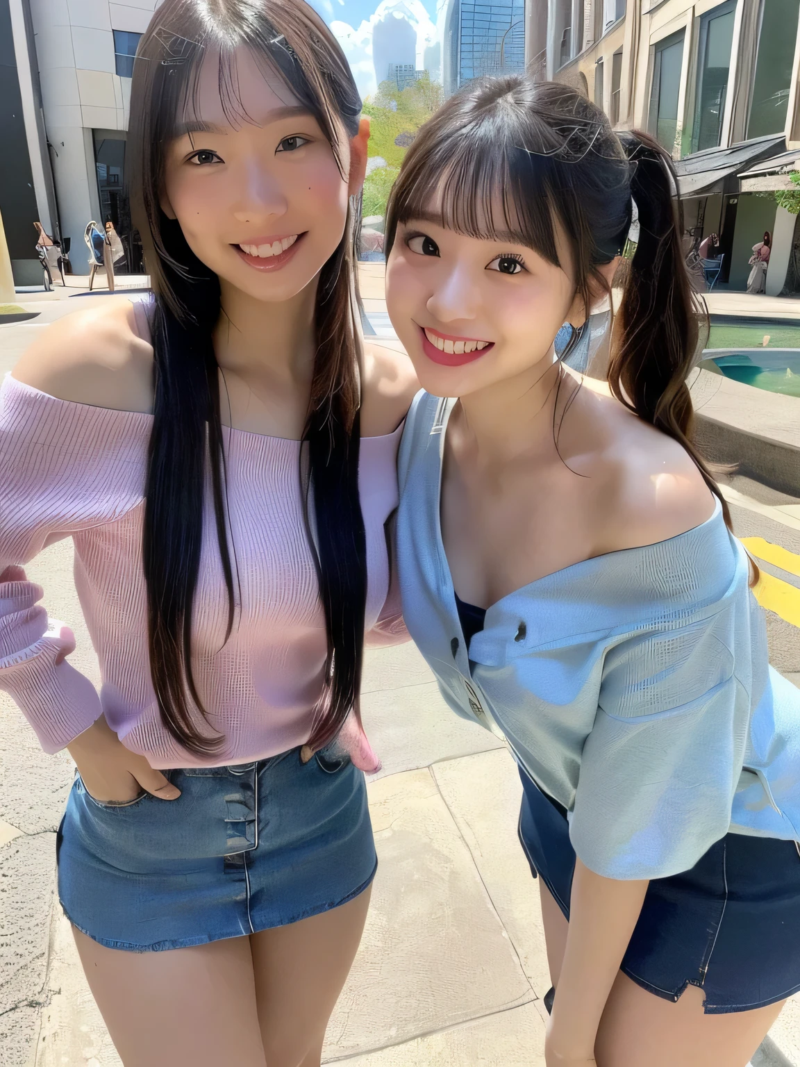 (((spring cityscape with fountain)))((portrait of a girl leaning on a pillar))、(((best image quality、highest resolution、masterpiece、8k)))、(((Detailed Faces)))(((cute face)))(((Baby Face)))(((Young contour)))((( Lovely facial features)))、((( Blizzard 10 )))(((model body type)))((( Perfect pose line)))、(((Big Breasts 1.0)))((( Detailed Body .5)))、(((long straight hair)))((bungs))、(((Off Shoulder 3.0)))(((colorful overblouse 3.0)))(((colorful overshirt 3.0)))(( pastel shirt ))((( Miniskirt 1.0)))(((random standing pose 1.0)))(((dynamic standing pose 1.0)))(((active pose 1.0)))(((cute way to walk 1.0)))((( raising the corner of the mouth and smiling )))