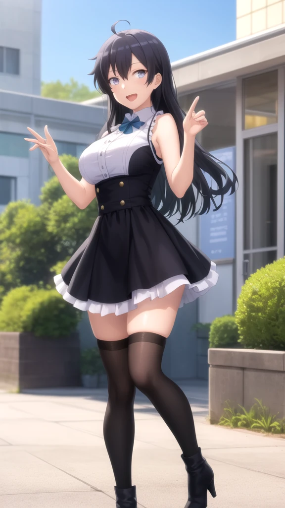 masterpiece, highest quality, One girl, View your viewers, Small waist, RAW Photos, Ultra-realistic, High resolution、Idol、Thighs, beautiful girl,View your viewers, Small waist,Symmetrical face, whole body、White OL Uniform、Skin-tight clothing、No sleeve、Tight Skirt、Knee socks、Cleavage、Large Breasts、Beautiful clavicle、Long Hair、Beautiful navel、Shyness、Happy expression、office、High heels