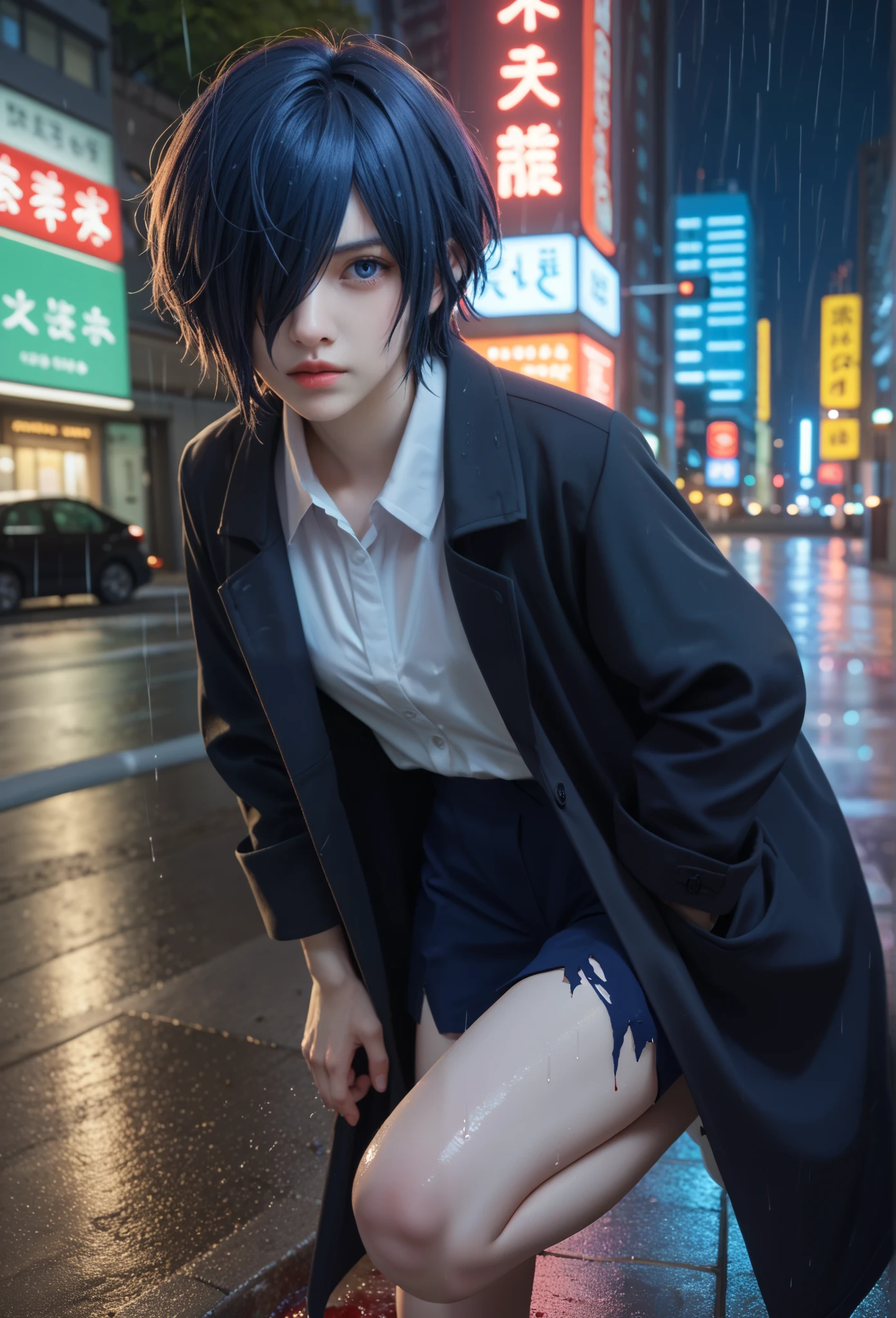 "A dark, rainy cityscape at night, with neon lights reflecting off the wet streets. In the center stands Touka Kirishima from Tokyo Ghoul, with a melancholic and contemplative expression, dark blue hair covering the left eye , dark blue eye,. She wears a long black coat over a white shirt, with a torn stocking on one leg,. Her hand is stained with a bit of blood, yet she delicately, symbolizing purity and hope. The atmosphere is cold and mysterious, reflecting her inner struggle and emotional strength."