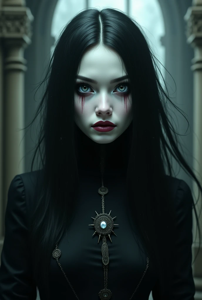 a gothic girl with her gaze turned towards something, behind her in the background we can see a werewolf, beautiful detailed eyes, beautiful detailed lips, extremely detailed eyes and face, long eyelashes, gothic dress, dramatic lighting, dark moody atmosphere, cinematic lighting, dark fantasy, horror, high contrast, chiaroscuro, dark colors