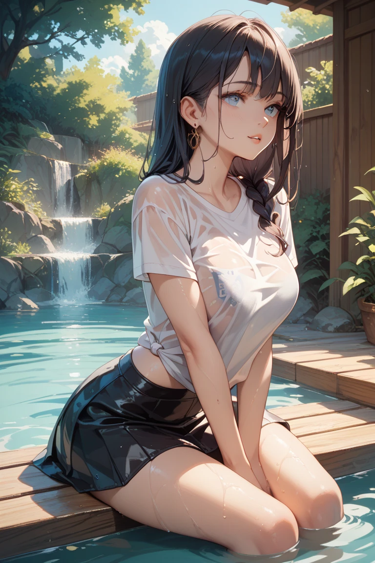 "(best quality,4k,8k,highres,masterpiece:1.2),ultra-detailed,(realistic,photorealistic,photo-realistic:1.37),ponytail,black hair,high school girl,miniskirt,poolside,sitting with hands placed, sunlight,bright-colored clothes,leaning back with hand supporting body,slightly revealing neckline"