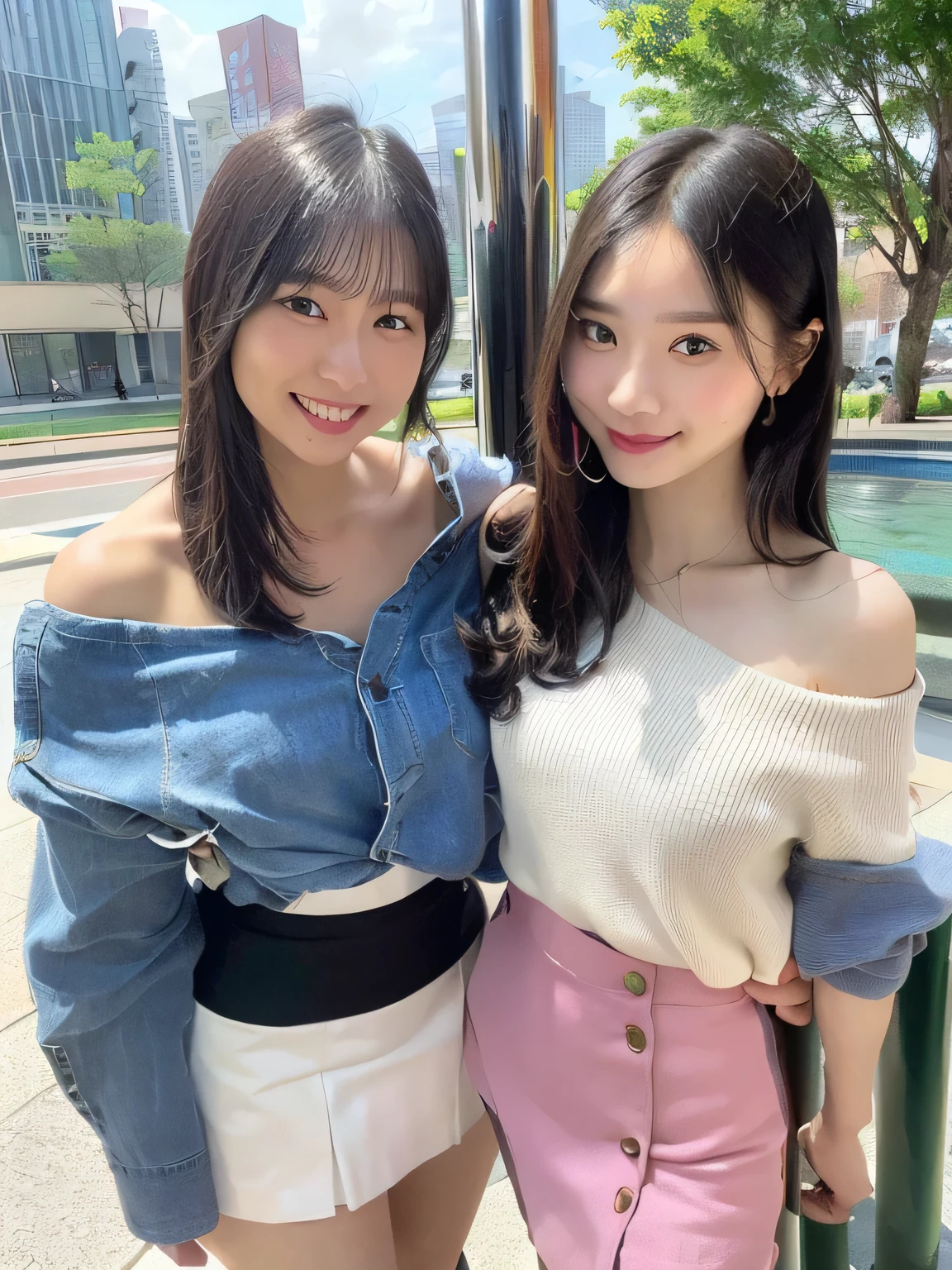 (((spring cityscape with fountain)))((portrait of a girl leaning on a pillar))、(((best image quality、highest resolution、masterpiece、8k)))、(((Detailed Faces)))(((cute face)))(((Baby Face)))(((Young contour)))((( Lovely facial features)))、((( Blizzard 10 )))(((model body type)))((( Perfect pose line)))、(((Big Breasts 1.0)))((( Detailed Body .5)))、(((long straight hair)))((bungs))、(((Off Shoulder 3.0)))(((colorful overblouse 3.0)))(((colorful overshirt 3.0)))(( pastel shirt ))((( Miniskirt 1.0)))(((random standing pose 1.0)))(((dynamic standing pose 1.0)))(((active pose 1.0)))(((cute way to walk 1.0)))((( raising the corner of the mouth and smiling )))