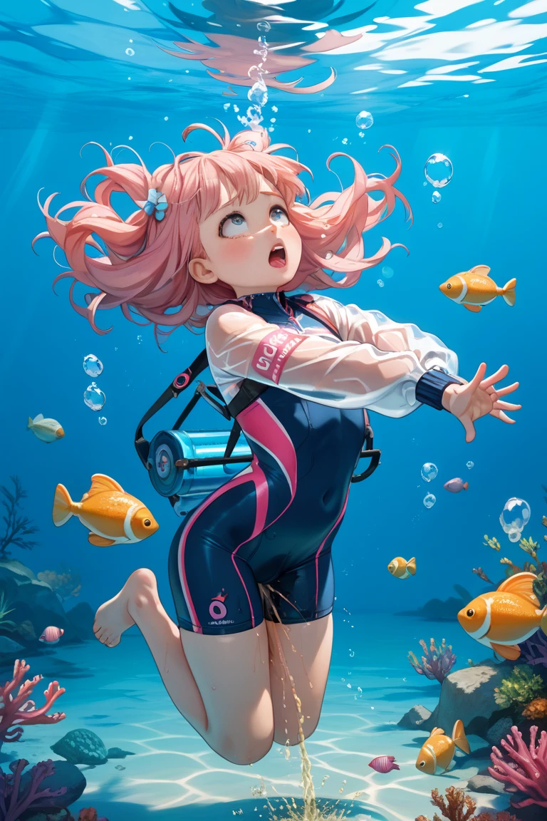 Colorful fish swimming in the sea, colorful coral reefs,iridescent Light, lots of tropical fish, pastel colors illustration, masterpiece, best quality, ultra detailed, highres, extremely detailed CG unity 8k wallpaper, perfect lighting, 1girl, detailed face, vivid colored, light pink hair, long hair, shiny skin, sharp focus,
under water, yellow diving suit, swimming,diving regulator,