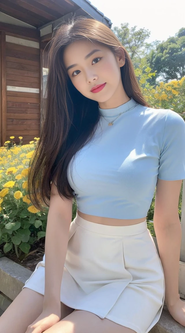 ((best qualtiy, 8K, tmasterpiece:1.3)),Focus:1.2, female high-school student，wooden cabin，（A look of determination）（adolable），delicated face，Long hair waist-length，long hair flowing，Tilt your head，ssmile，Hair details，Delicate Full Body Portrayal，Delicate depiction of the face，Best picture quality，A high resolution，细致背景，Delicate portrayal，exquisitedetails，Rich in detail，Facial strengthening，(Blue crop top top，short  skirt)，with blue sky and white clouds，wooden cabin，Sitting Among the Flowers，There are no bags under the eyes