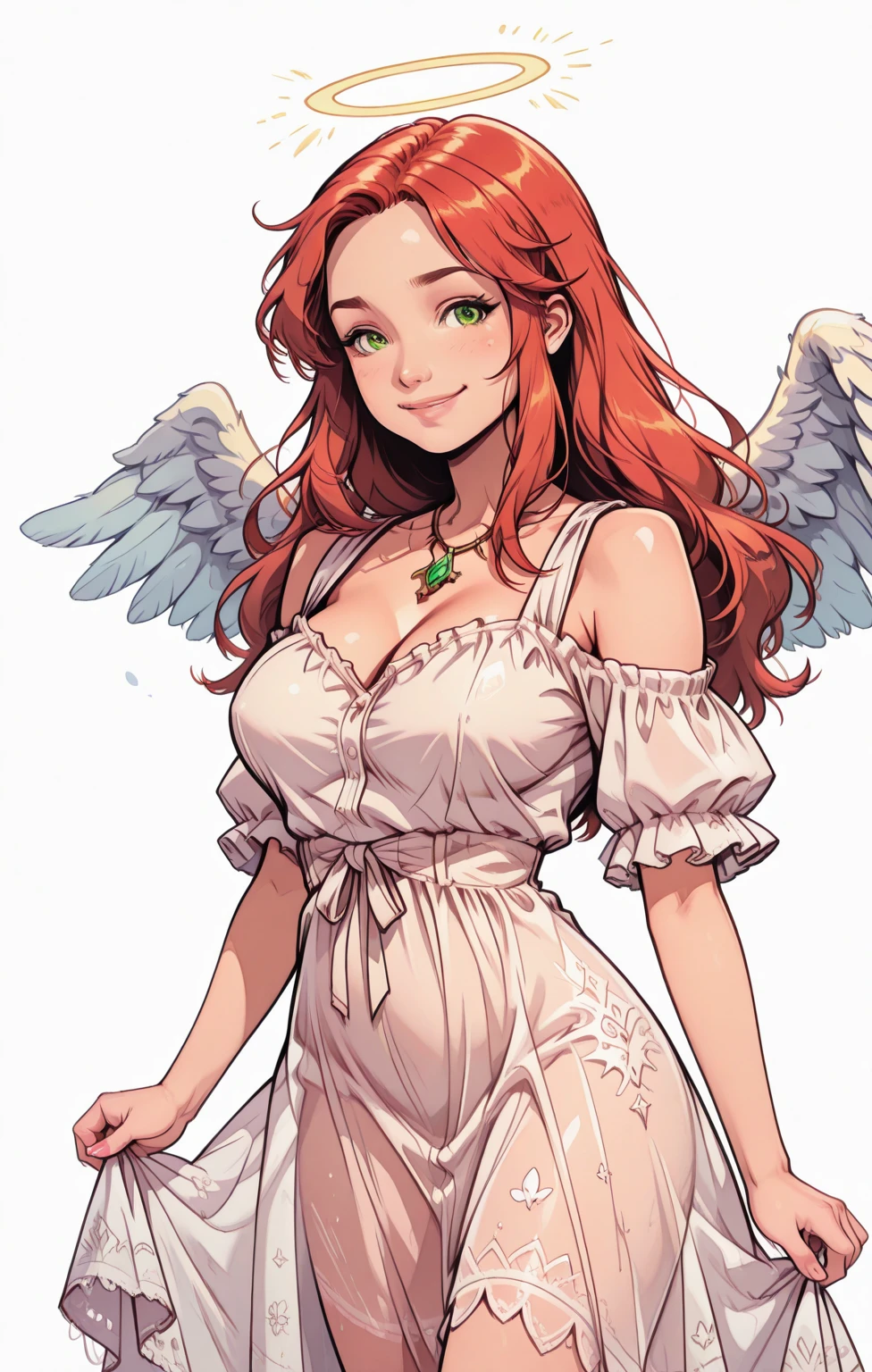 a hot girl with long, wavy, ginger hair ,green eyes and black wings, wearing a white dress
