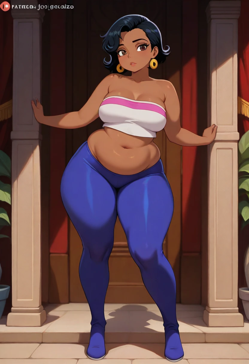 (work of art:1.2, best qualityer:1.2), soft ambient lighting, perfect lighting, 1 girl, standing alone, Chel, Bblack hair, long hair, rhombus stripe, eyes browns, darkskin, lipstick, breasts big, Broad Hips, top of the tube, neckleace, bared shoulders, emerald earrings, emerald bracelets, looking at the camera with a smug expression on his face, hands on hips, market bottom, full body market, very large body, fat belly rolls, ssBBW, big breasts, sexy smile, fat arms, thunder thighs, super fat, BBW, looking at viewer
